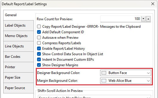 ReportDesignerMarginColor